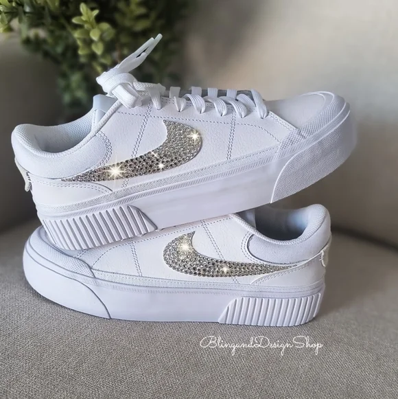 Women's Nike Court Legacy Lift White Sneakers Customized With Clear Crystals - Picture 5 of 8